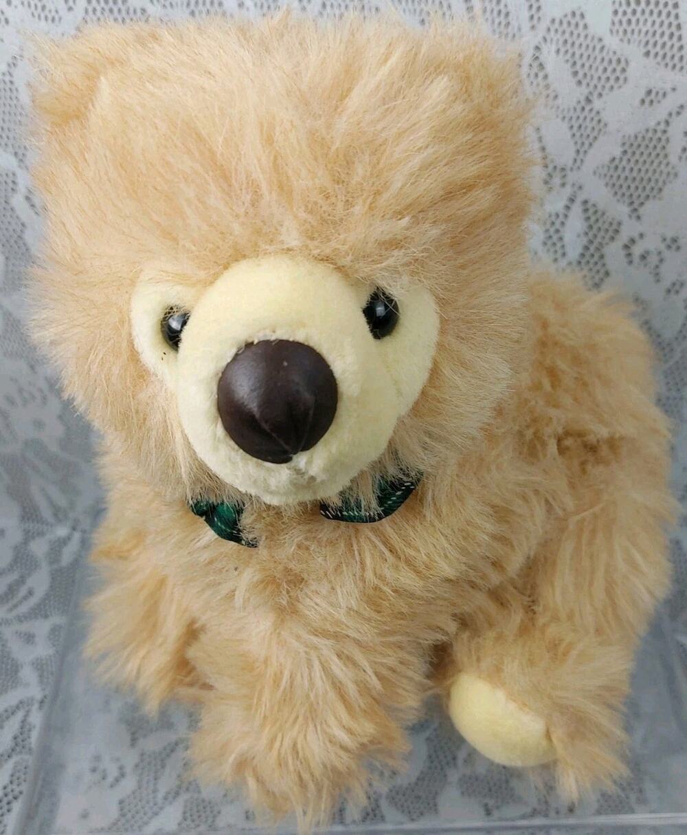 Commonwealth Teddy Bear Brown Tan Plaid Bow 9" Plush Stuffed Toy Doll Vintage